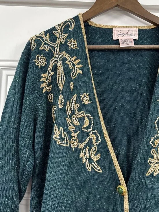 Vintage Jaclyn Smith Green Metallic Beaded Embroidered Floral Cardigan Sweater M - Picture 2 of 13